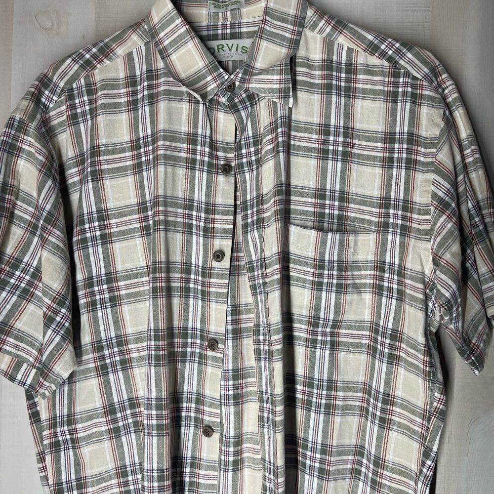 Orvis short sleeve linen blend plaid shirt beige green, size XL